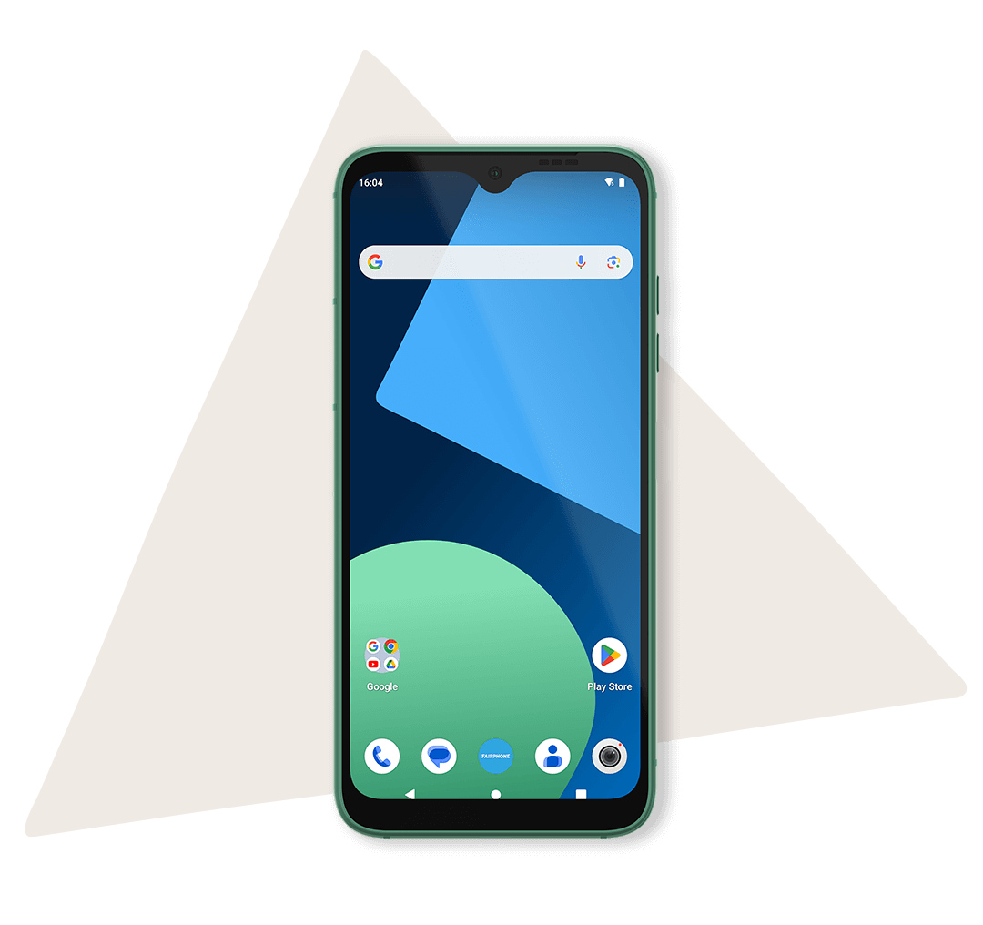 A frontal view of a Fairphone displaying a vibrant interface with Google apps